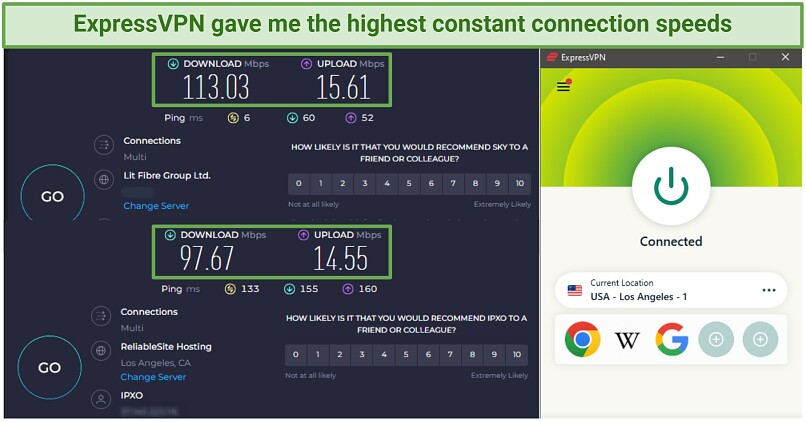 a screenshot of two speed tests, with expressvpn connected to a Los Angeles server