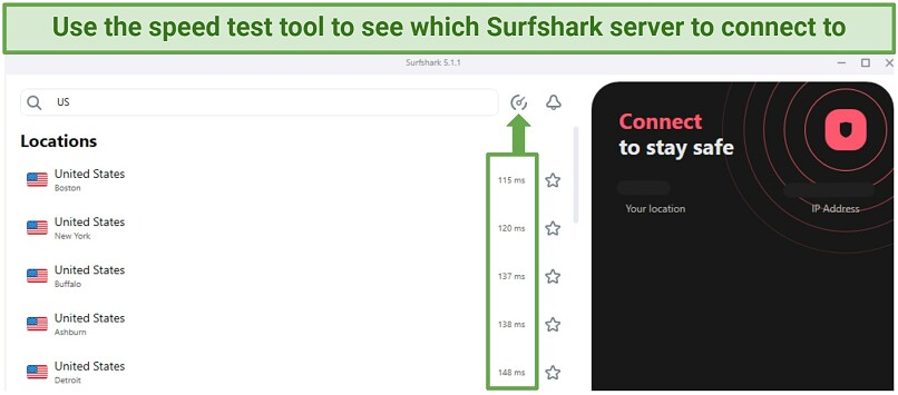 a screenshot of Surfshark app, with servers' latency shown
