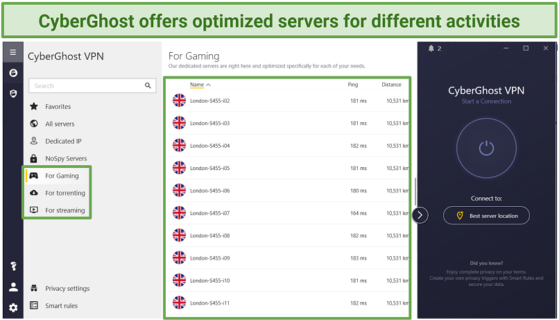 Screenshot of CyberGhost's optimized servers for gaming in the desktop app.