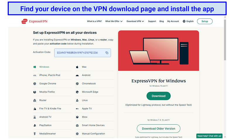 Screenshot of ExpressVPN's app download page