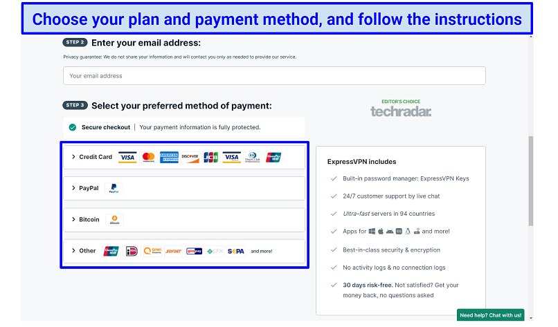 Screenshot of ExpressVPN's checkout process with payment options