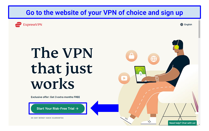 Screenshot of ExpressVPN's official website homepage with a sign-up button