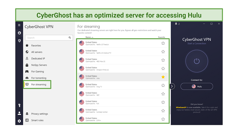 A screenshot showing CyberGhost's streaming-optimized servers on its Windows app