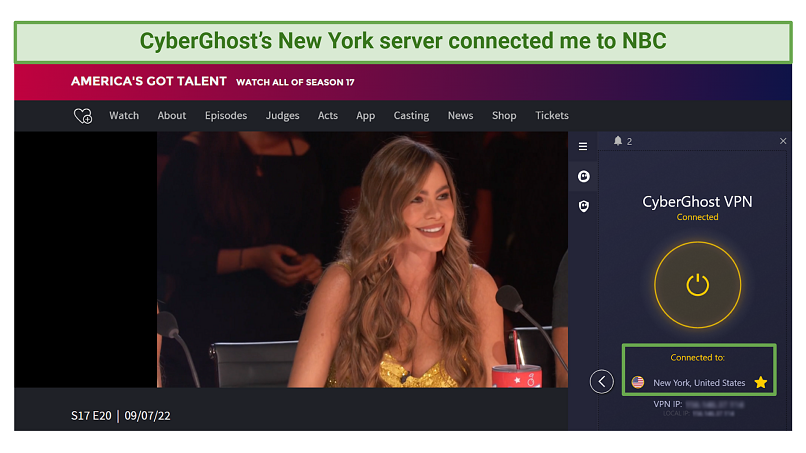 A screenshot of CyberGhost connected to a US server while watching NBC