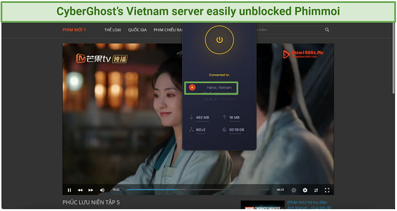 A screenshot of Lost Track of Time Part 5 playing on Phimmoi while connected to CyberGhost's Vietnam server