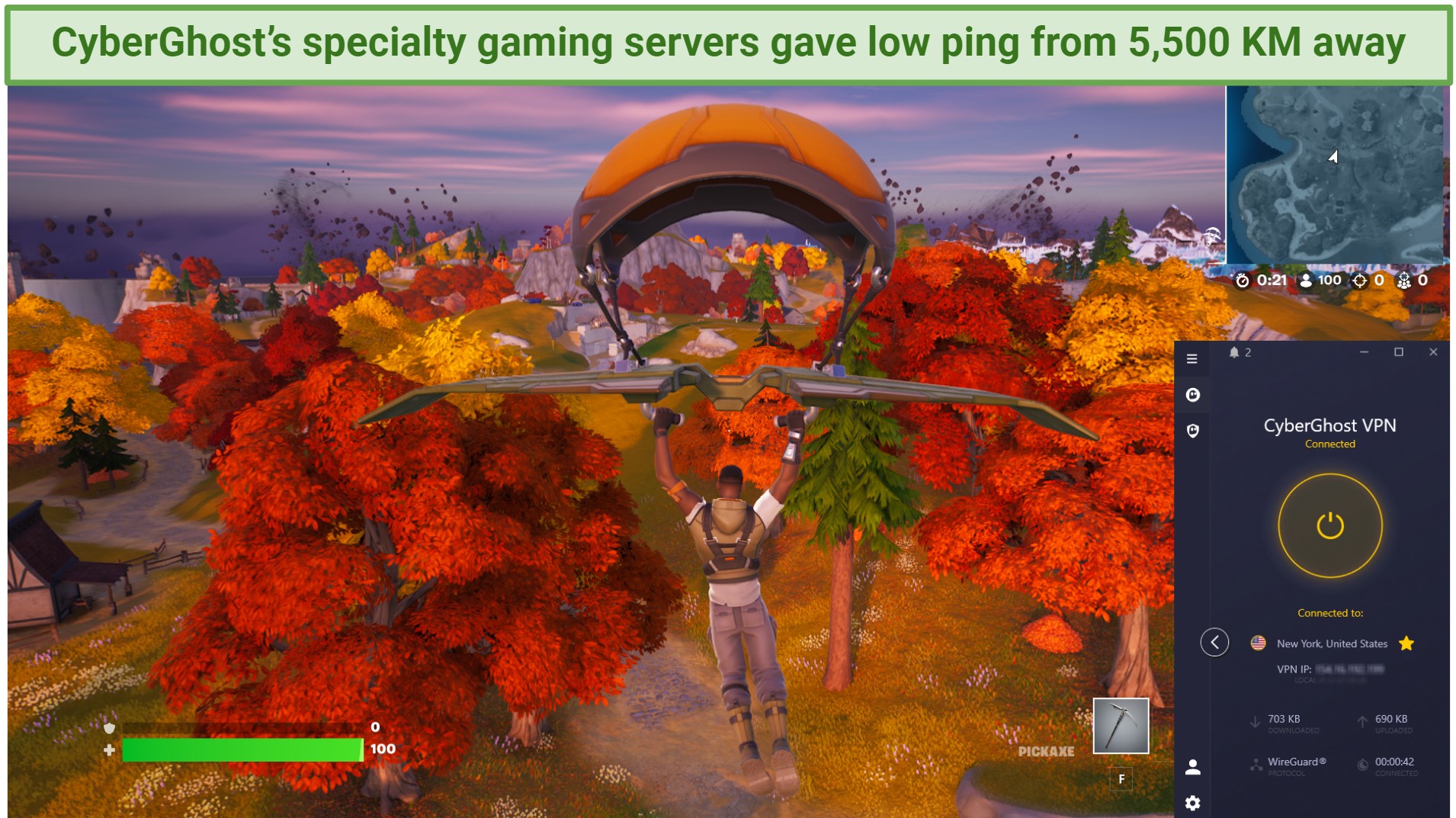 Screenshot showing CyberGhost connected to a gaming server over a browser playing Fortnite