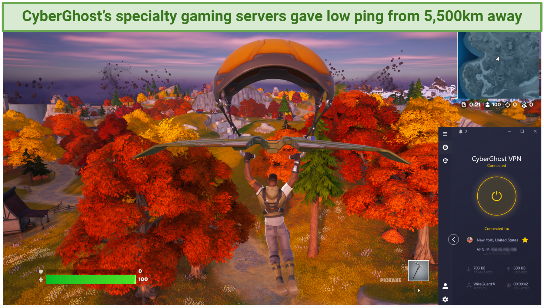 Screenshot showing CyberGhost connected to a gaming server over a browser playing Fortnite