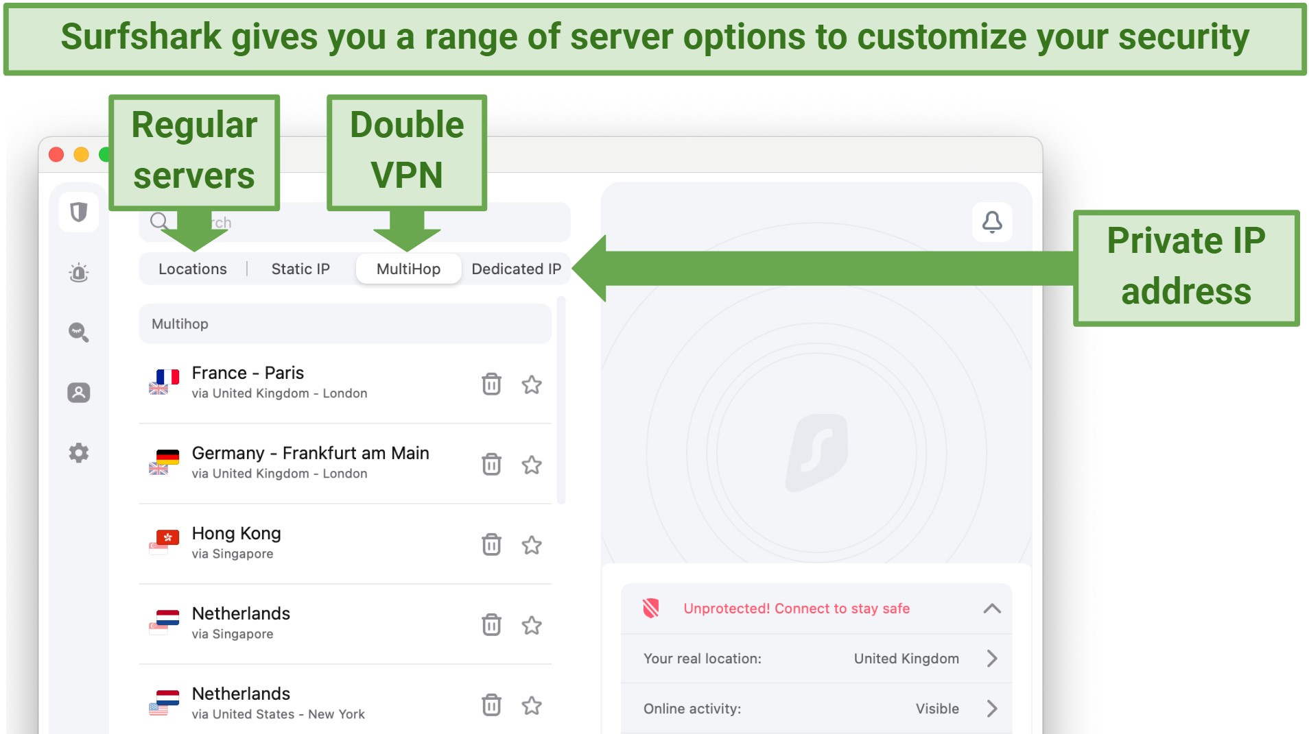 Screenshot showing the server panels on the Surfshark app