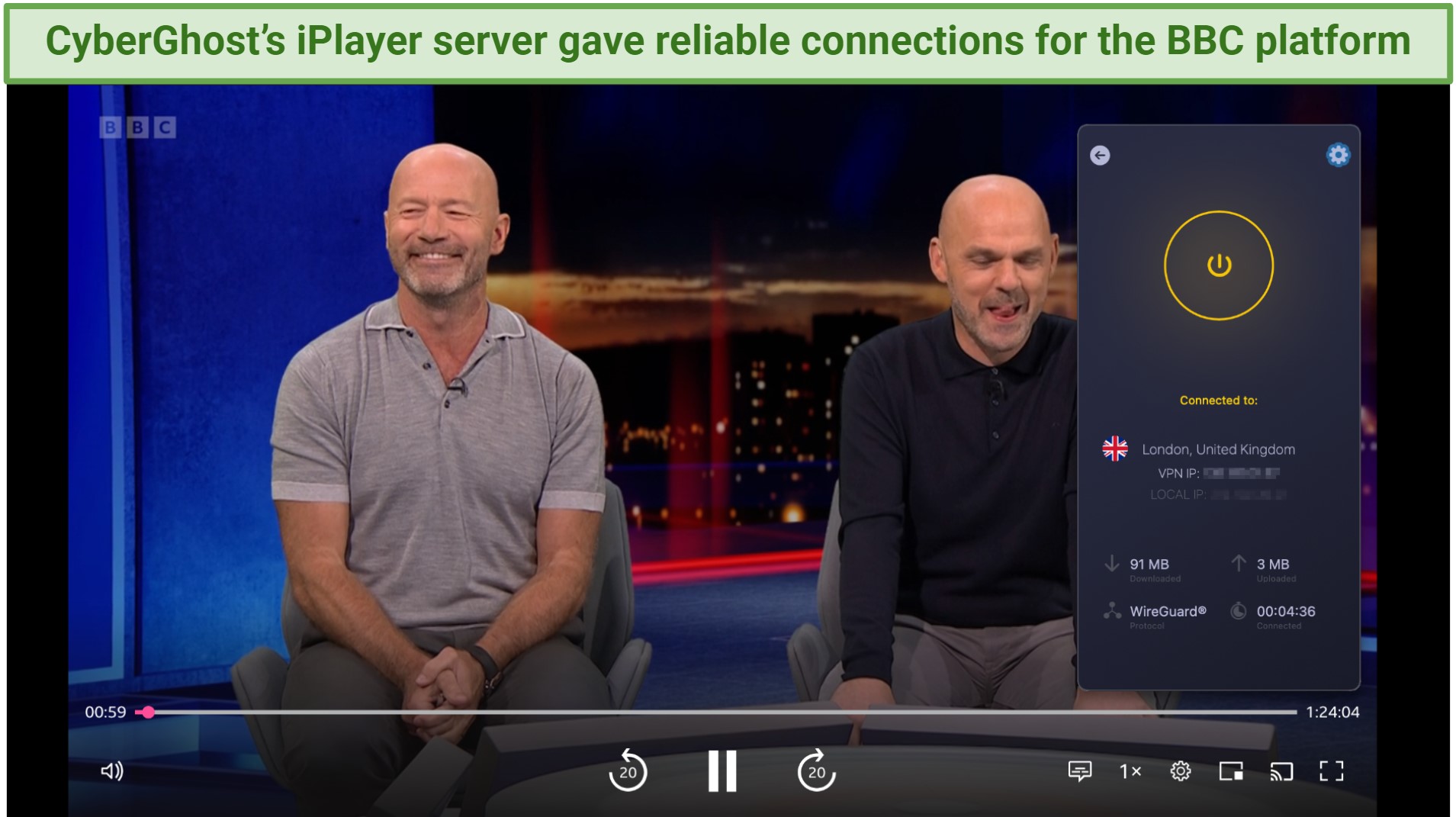 Screenshot showing CyberGhost connected to the iPlayer specialty streaming server server over a browser window streaming Match of the Day