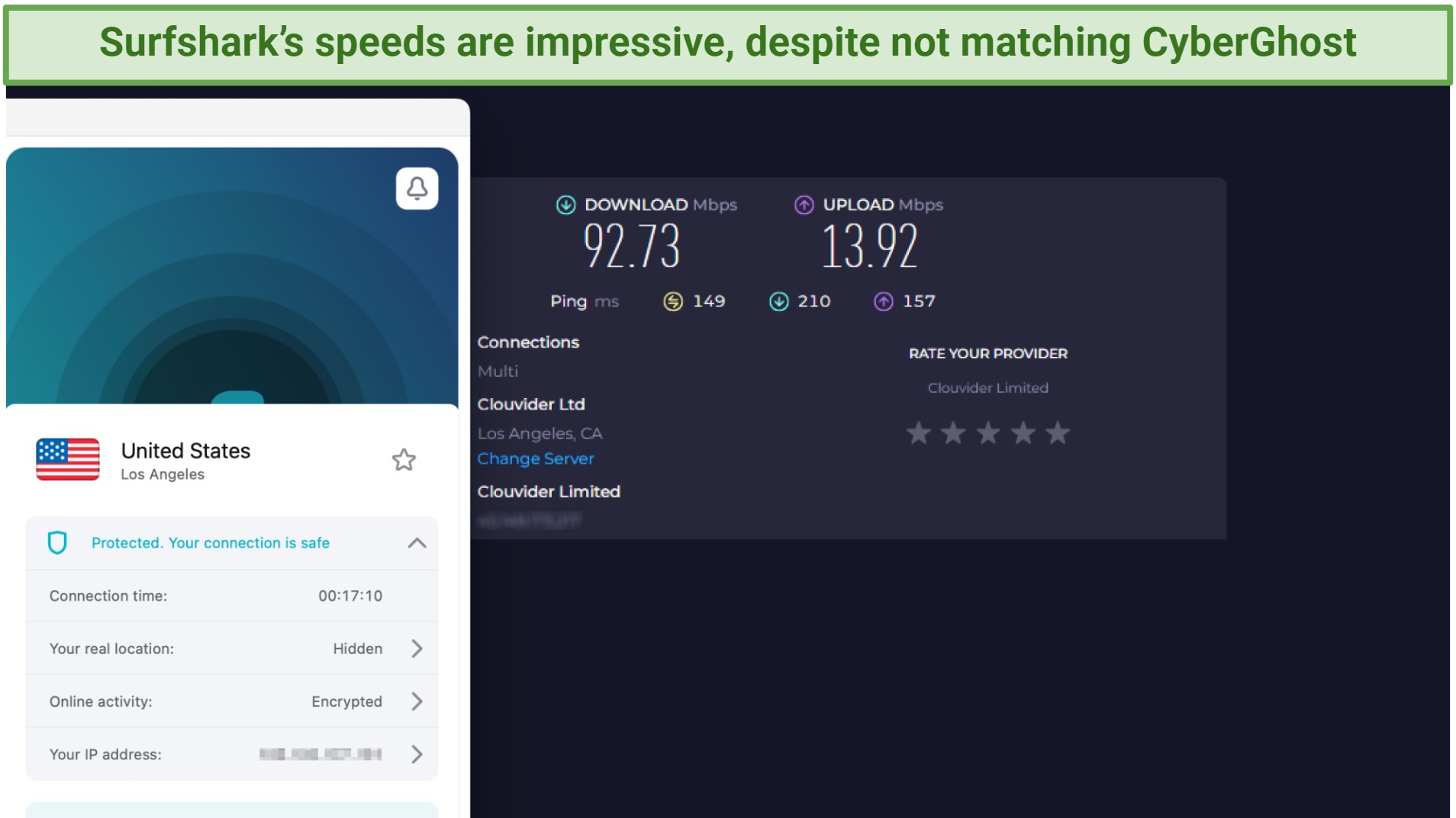 Screenshot showing Surfshark connected to a server in LA over an online speed test
