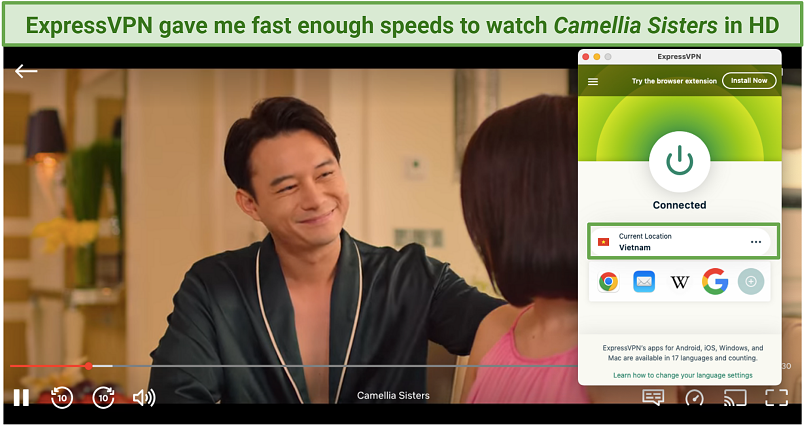 A screenshot of Camellia Sisters playing on Netflix Vietnam while connected to ExpressVPN's Vietnam server