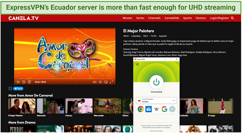 A screenshot showing Amor de Carnaval playing while connected to ExpressVPN's Ecuador server