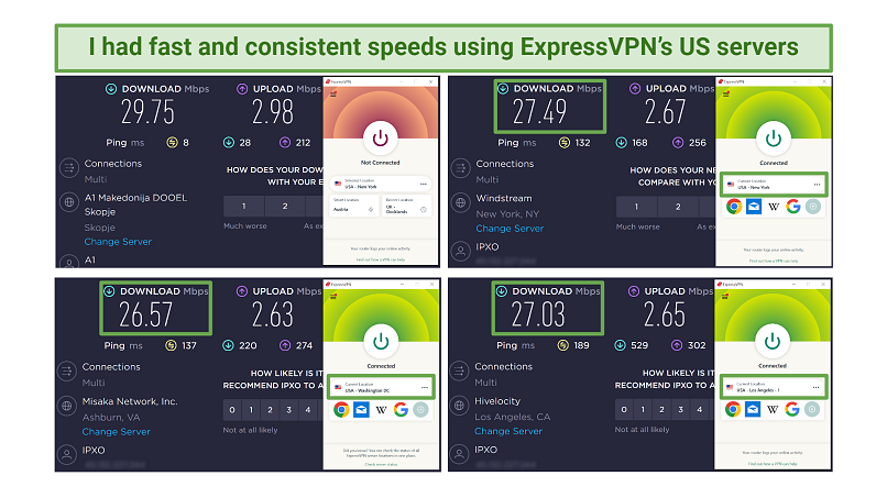 Screenshots of speed tests while connected to some of ExpressVPN's US servers