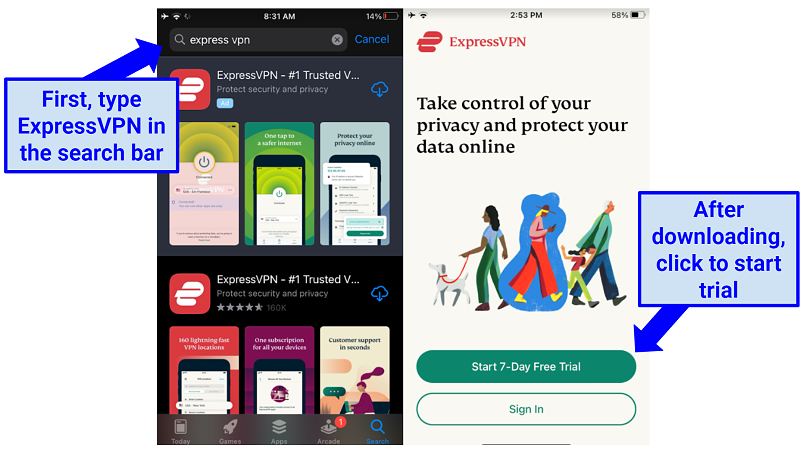 Instrukcje dotyczące pobierania ExpressVPN z iPhone'em z App Store i gdzie kliknąć, aby rozpocząć bezpłatną próbę