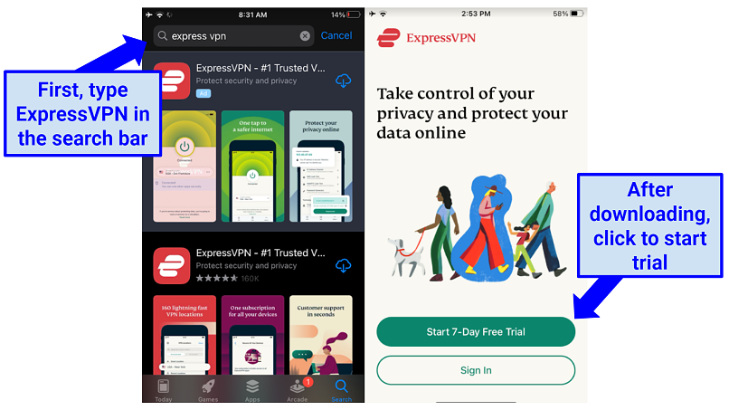 App Store에서 iPhone으로 ExpressVPN을 다운로드하는 방법에 대한 지침 및 무료 평가판을 시작하려면 클릭 위치