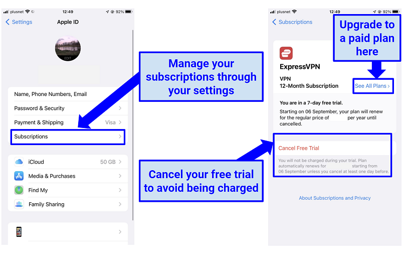 A screenshot showing how to manage your ExpressVPN free trial on iOS