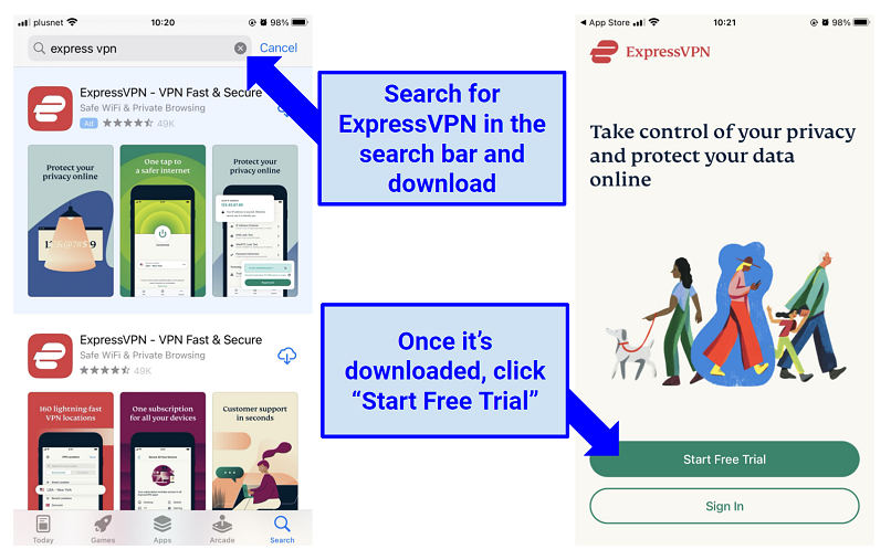 Screenshot of ExpressVPN in the app store and Start Free Trial page