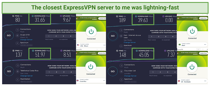 ExpressVPN speed test results from 4 different locations: the US, the UK, Brazil, and Costa Rica
