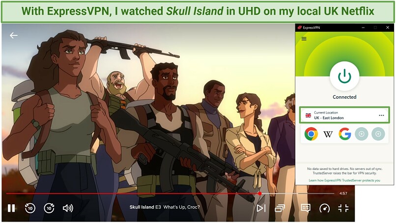 Screenshot of Netflix streaming Skull Island with ExpressVPN connected to a UK server