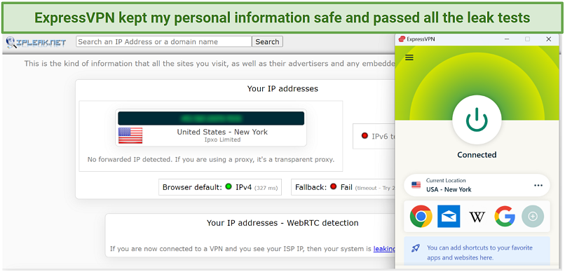 Screenshot showing ExpressVPN does not leak your IP address.