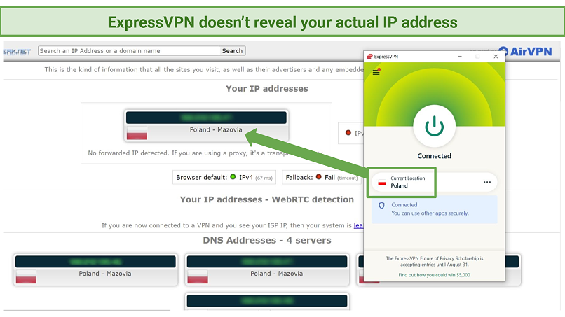 A screenshot of a leak test proving that ExpressVPN doesn't leak your actual IP address or location.