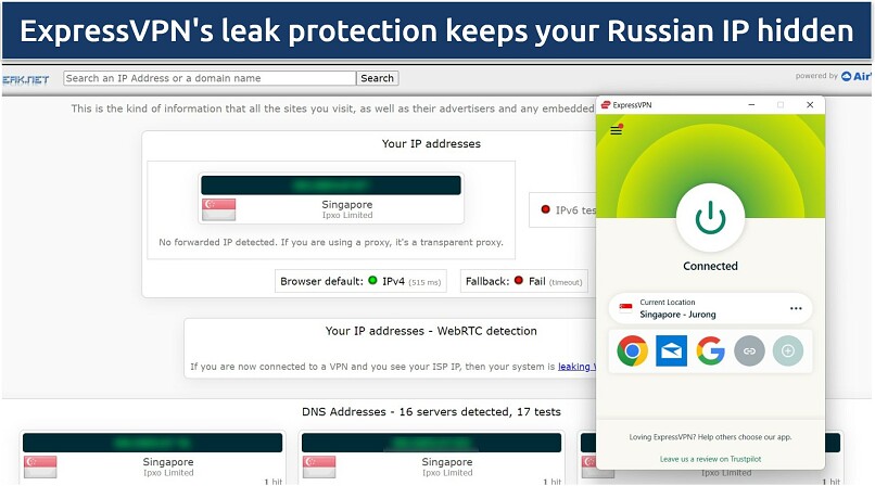 A screenshot showing ExpressVPN passed IP and DNS leak tests