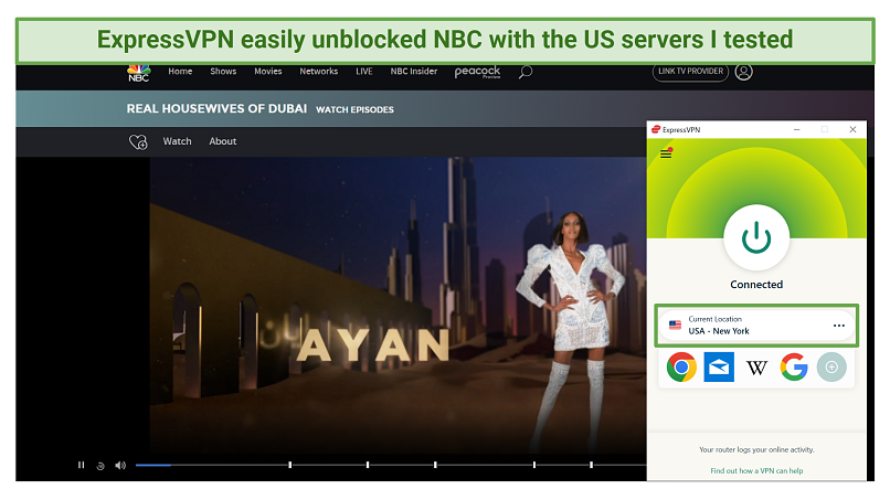 Screenshot of ExpressVPN's app connected to a US server while streaming NBC
