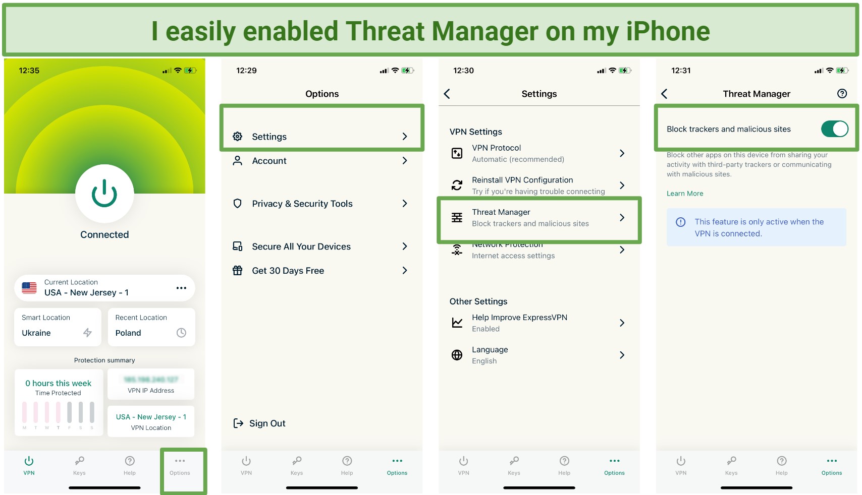 Screenshot of ExpressVPN's Threat Manager feature in the settings