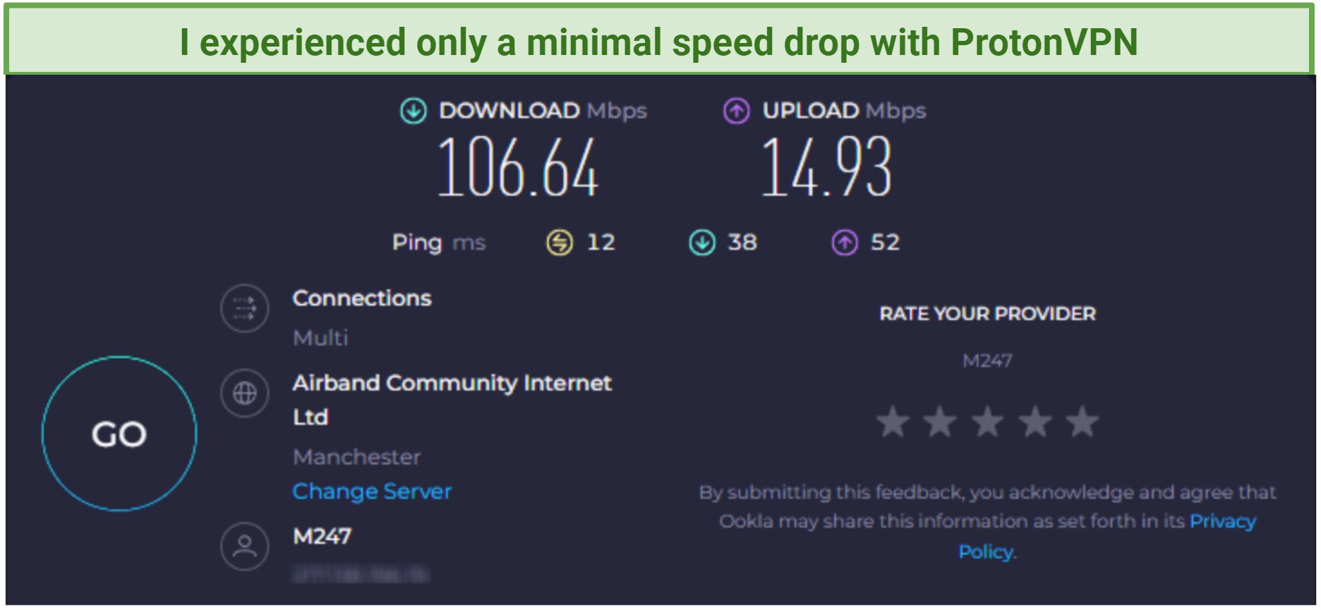 Screenshot of the ProtonVPN speed test results with WireGuard protocol