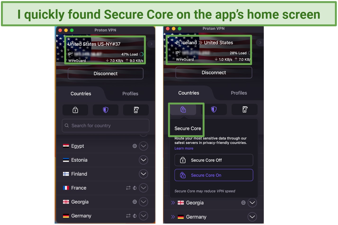 Screenshot of ProtonVPN's Secure Core feature