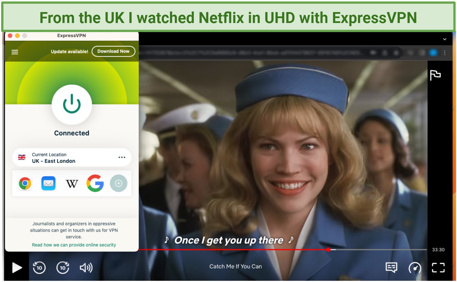 Streaming Netflix UK from within the country while connected to ExpressVPN's UK server.