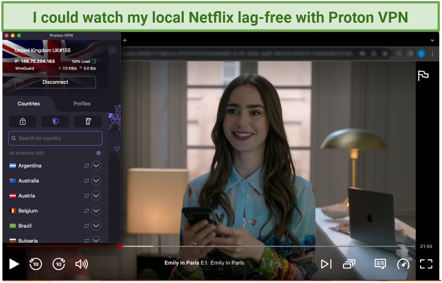 Using Proton VPN's UK streaming optimized server to watch Netflix from the UK.