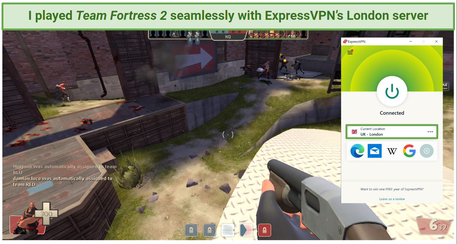 Screenshot of ExpressVPN's London server connected while gaming