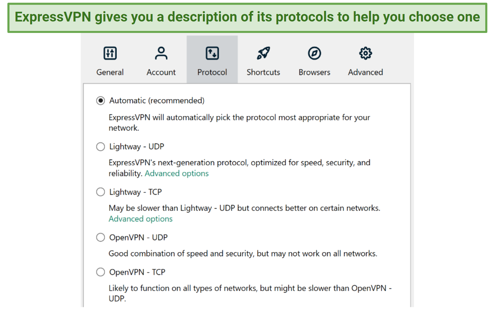 Screenshot of ExpressVPN list of protocols with descriptions in the Windows app