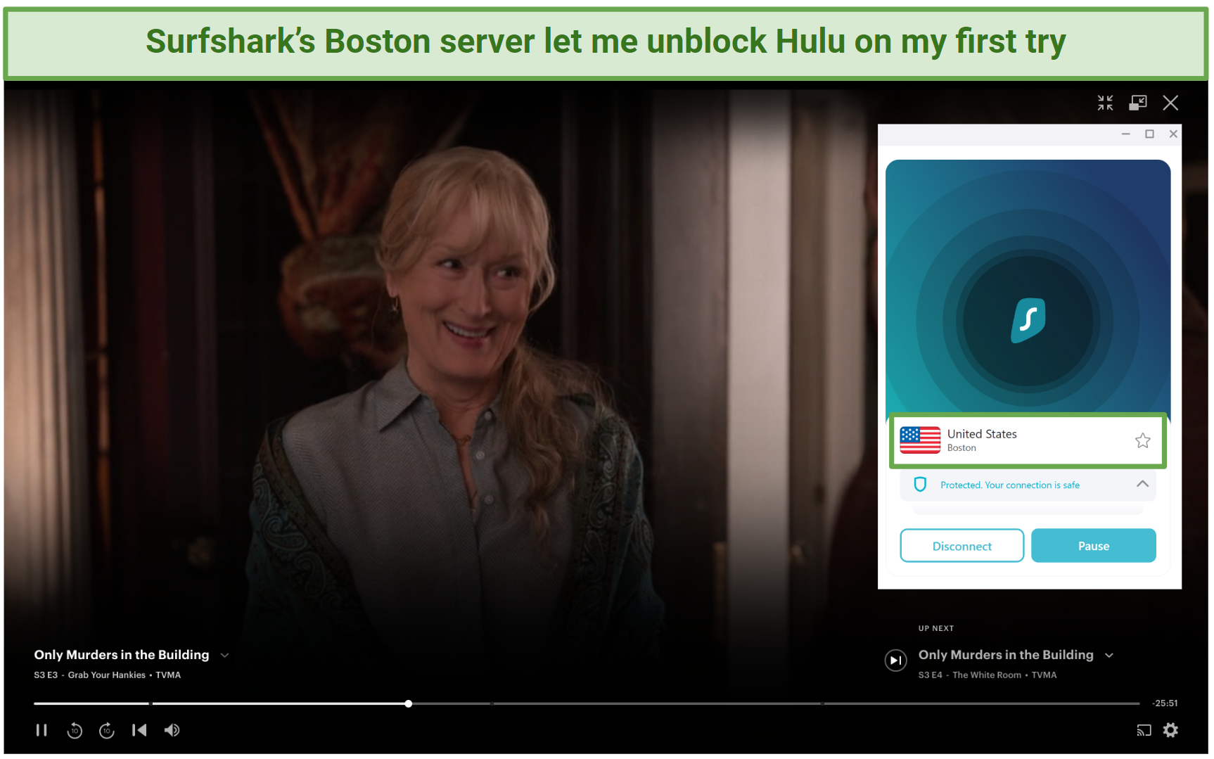 Screenshot of Surfshark unblocked Hulu on its Boston server and streaming Only Murders in the Building