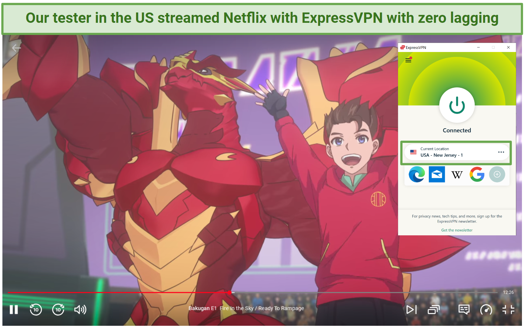 A screenshot of Bakugan on Netflix US while connected to ExpressVPN's New Jersey server