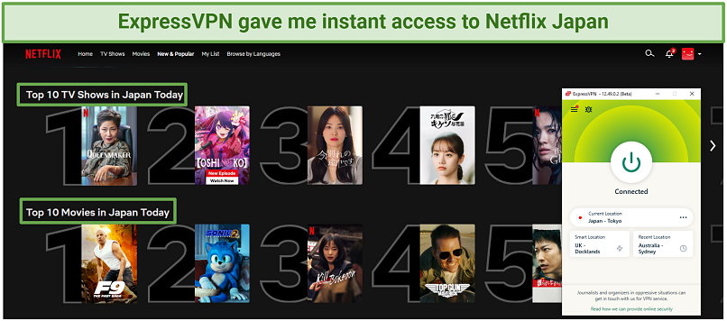 La imagen muestra ExpressVPN conectado a Japón - Tokio Server con la biblioteca de Netflix Japón en segundo plano