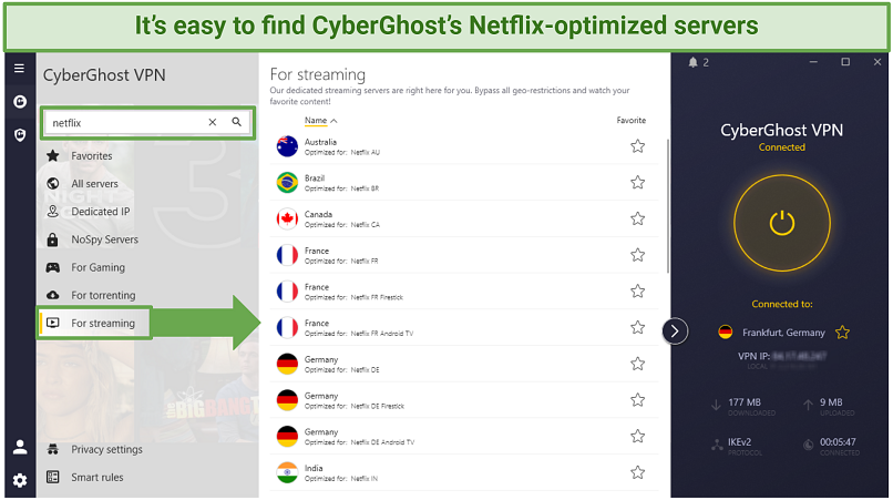 Image shows a screenshot of the CyberGhost app with a focus on the 'For streaming' and Netflix optimized servers