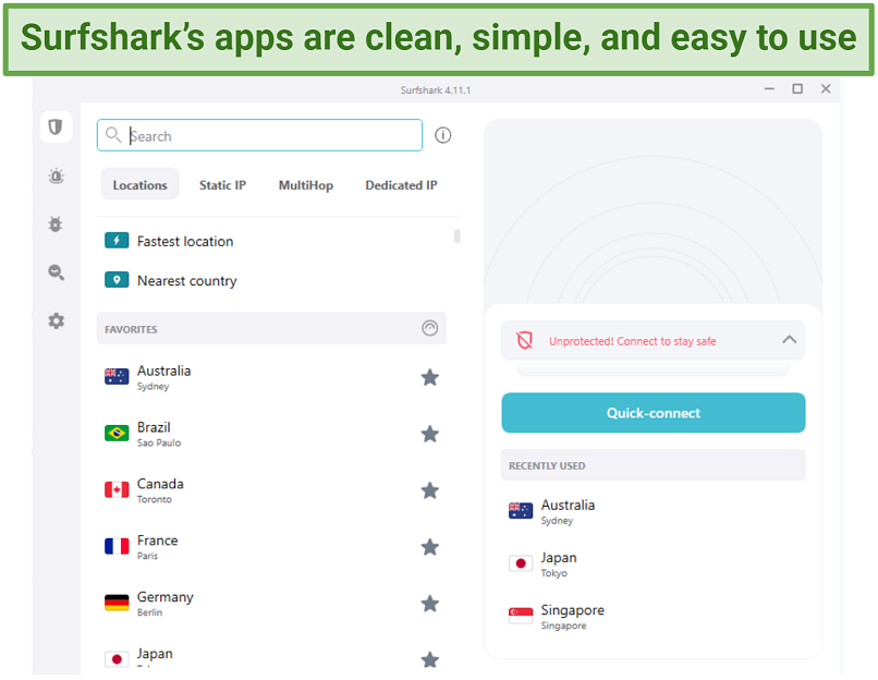 A screenshot showing Surfshark's easy to use desktop app