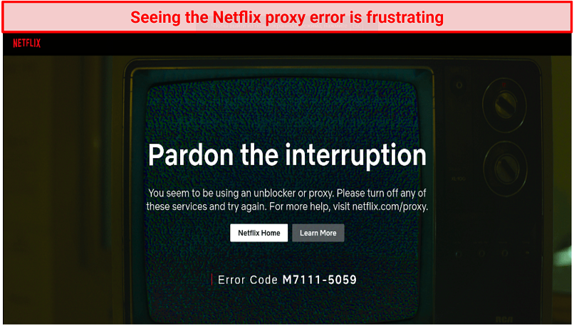 Image shows screenshot of the Netflix platform showing error code M7111-5059