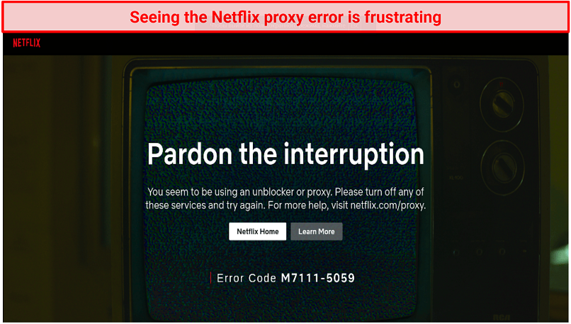 La imagen muestra la captura de pantalla de la plataforma Netflix que muestra el código de error M7111-5059