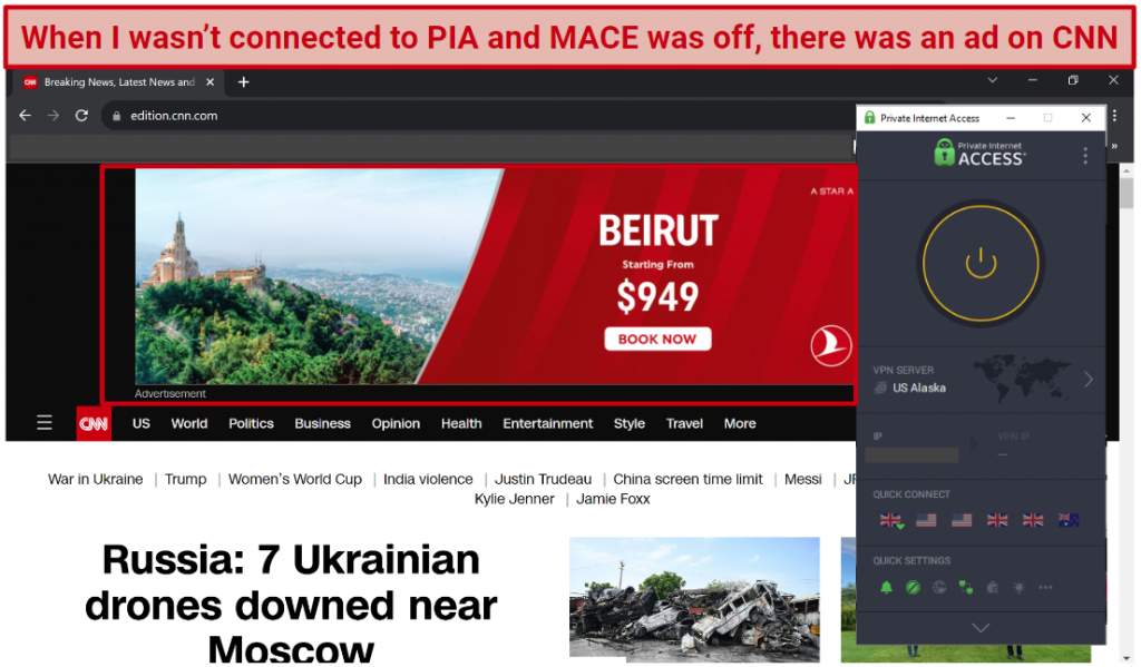 A screenshot showing an ad on CNN when PIA and MACE are disconnected