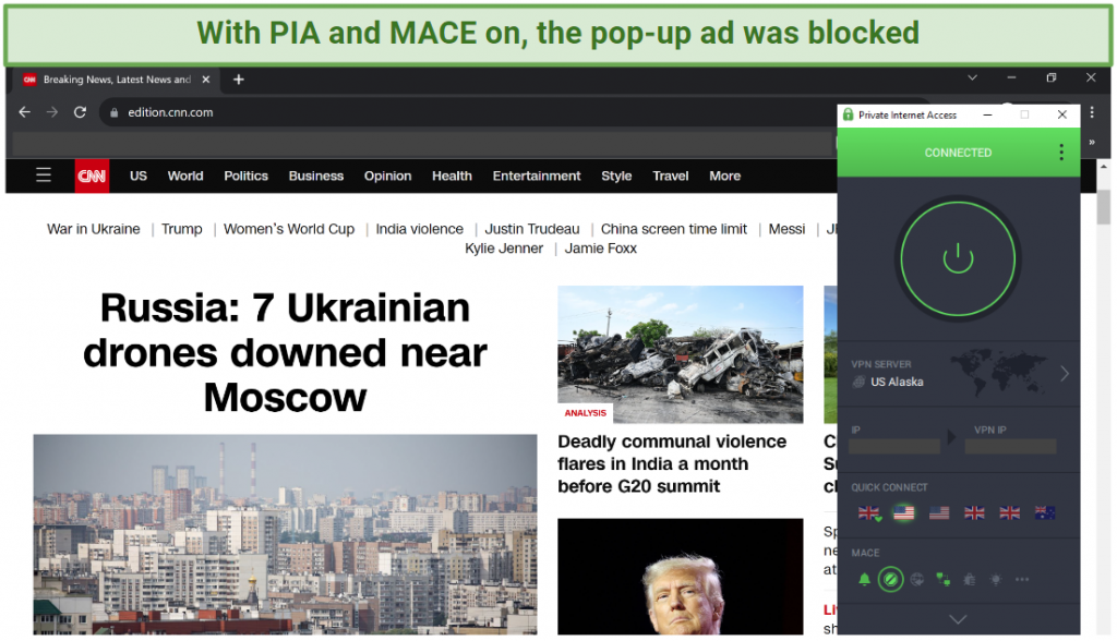 A screenshot showing no pop-up ads on CNN after enabling PIA MACE