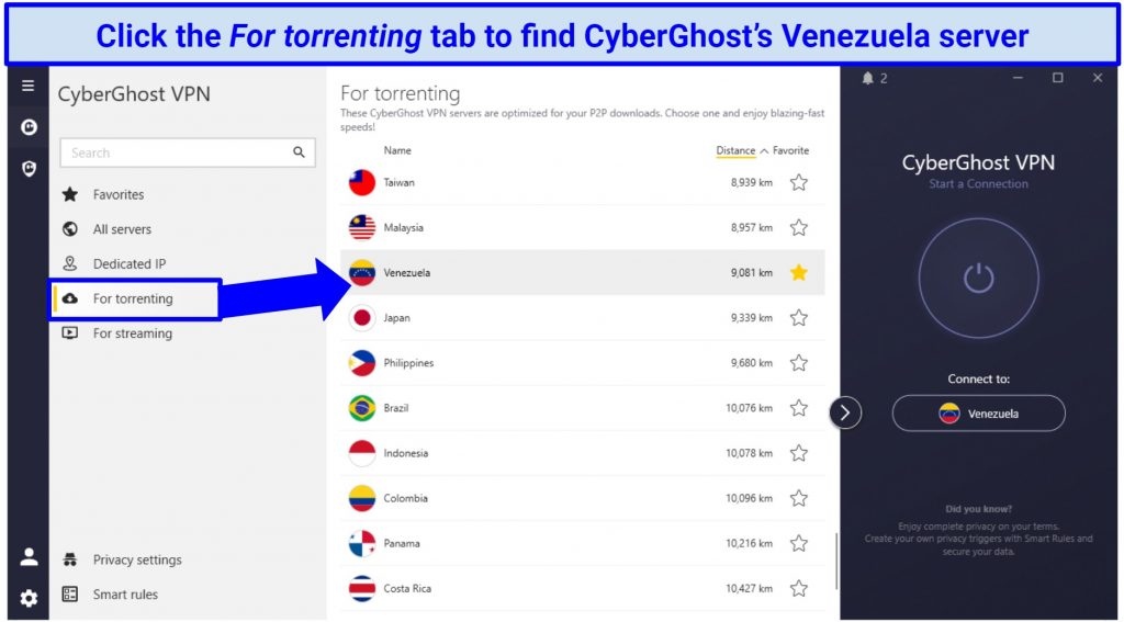 A screenshot showing CyberGhost's torrenting-optimized server in Venezuela on its Windows app