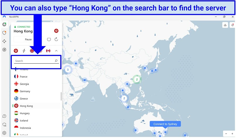 A screenshot showing how to find NordVPN's Hong Kong server