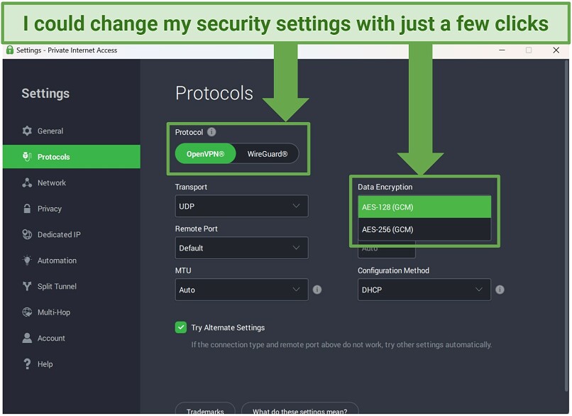 A screenshot showing PIA's customizable security features