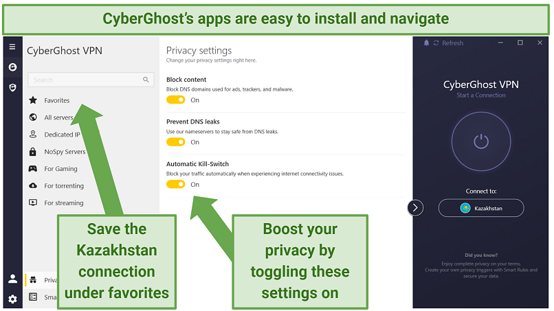 CyberGhost's app displaying its privacy settings and server categories