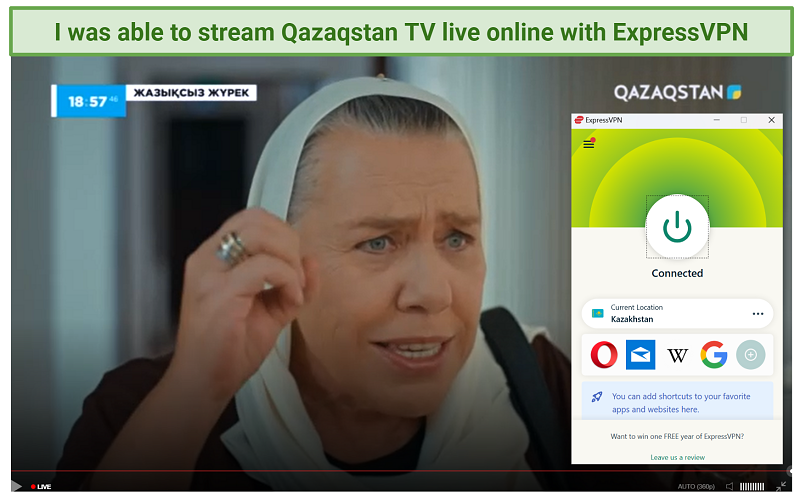 A screenshot of Qazaqstan TV live while connected to ExpressVPN