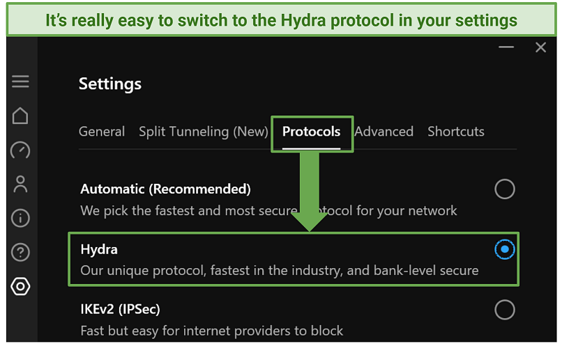 A screenshot showing how to activate Hydra on Hotspot Shield app