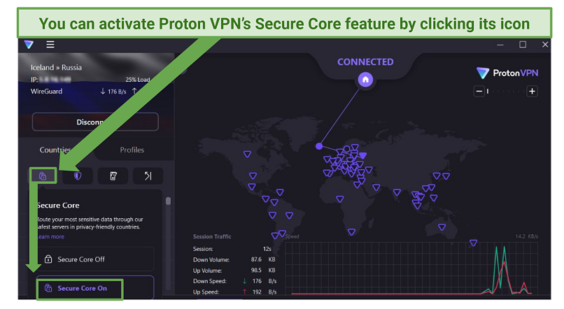 A screenshot of Proton VPN's Secure Core